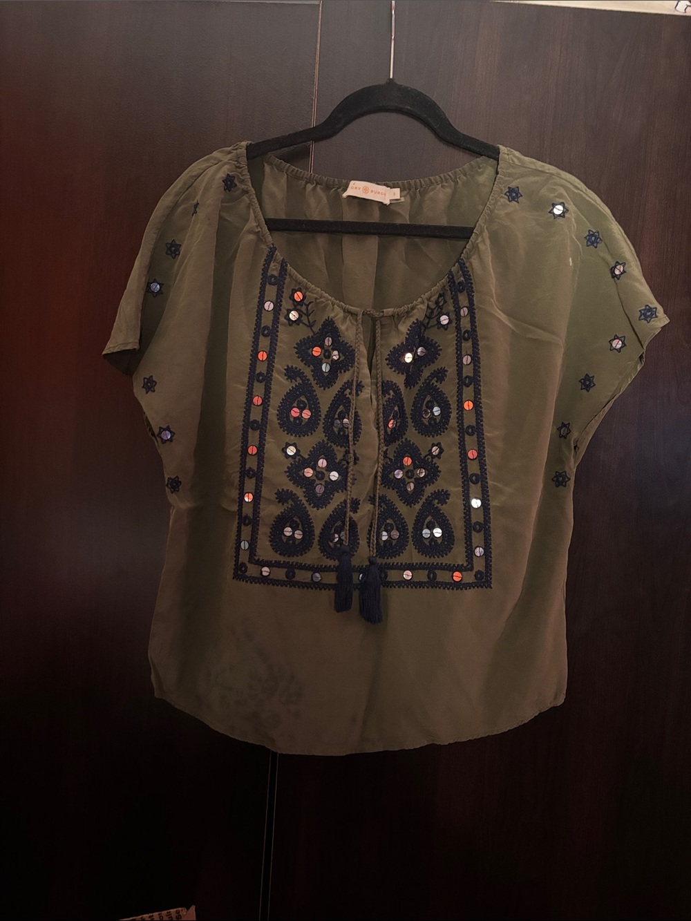 Tory Burch Olive Green Embroidered Peasant Blouse with Navy Detail